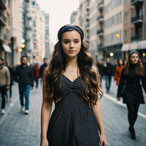 Young woman in polka dot dress on city street