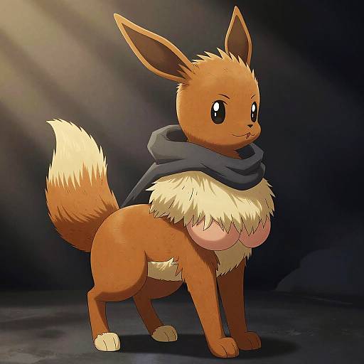 Digital illustration of an Eevee Pokémon with a dark gray scarf, large black eyes, fluffy cream-colored chest and tail, standing in a dimly