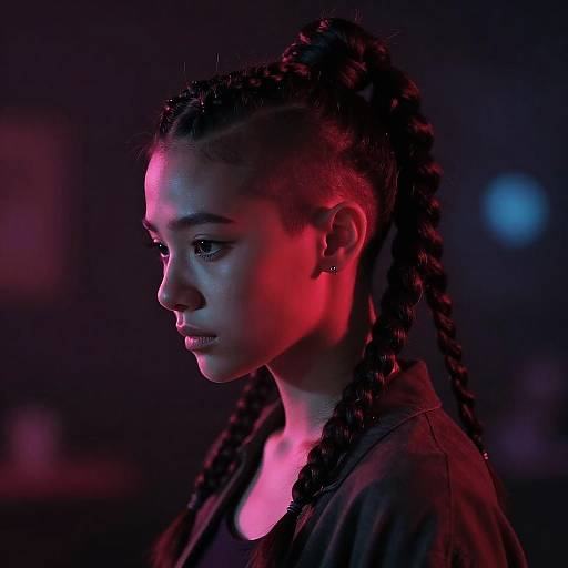 Young Woman with Braided Topknot in Neon Lighting