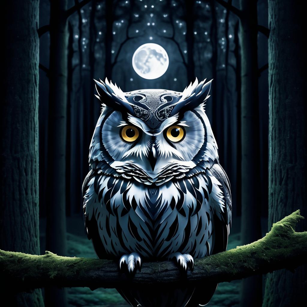 Mystical Owl Face in Moonlit Forest