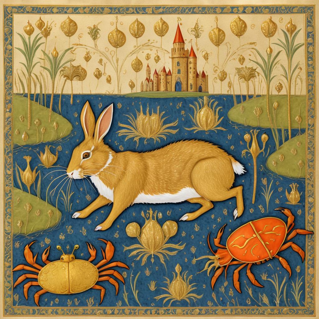 Surreal Rabbit-Crab Hybrid in Manuscript Art