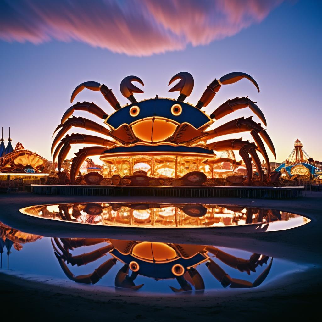 Giant Crab Assaults Amusement Park at Sunset