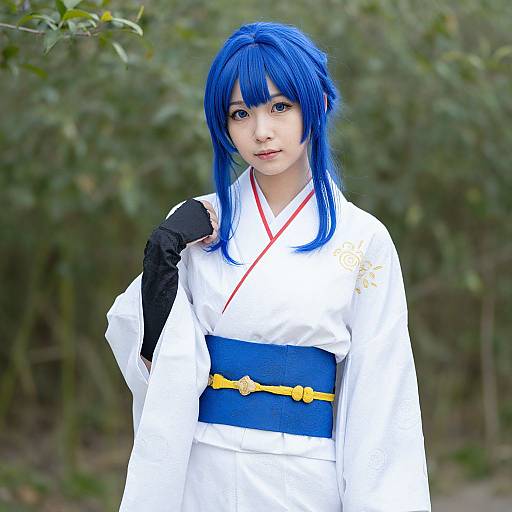 Photograph of an Asian woman with vibrant blue hair in a white kimono, blue obi, and black glove, standing outdoors amidst greenery.