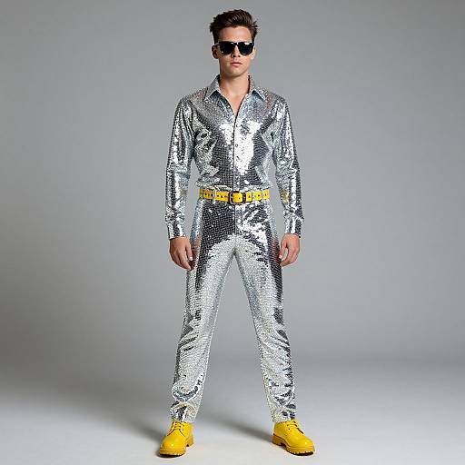 Photograph of a man in a shiny silver sequined jumpsuit, black sunglasses, yellow belt, and bright yellow shoes, standing confidently against a plain