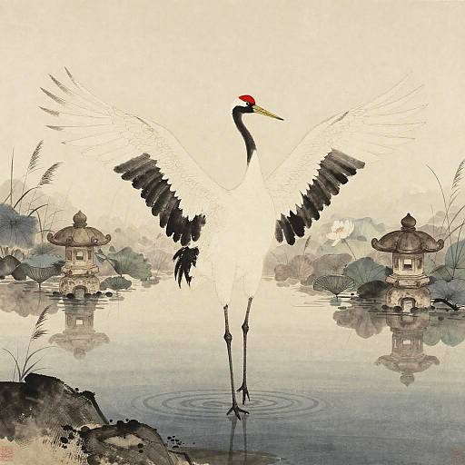 Red Crowned Crane in Serene Lotus Pond