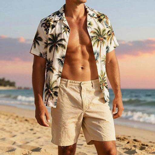 Photograph of a fit, shirtless man in a palm tree-patterned Hawaiian shirt and beige shorts on a sunny beach, with waves and a pink