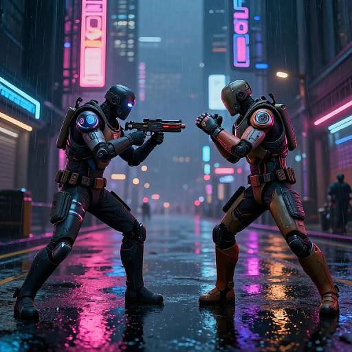 Digital artwork of two futuristic soldiers in neon-lit, rainy urban street duel, holding guns, wearing helmets with glowing blue circles.