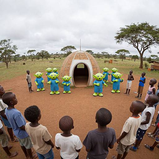 Photograph of African children in colorful bear costumes standing in front of a small, round, clay hut in a grassy, tree-filled savanna.
