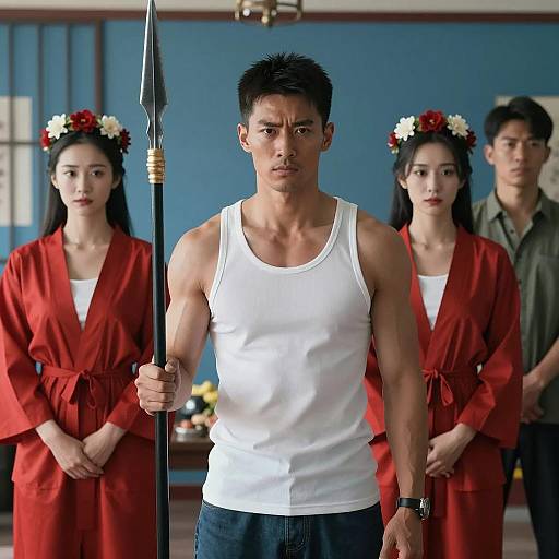 Muscular Man with Spear and Group in Red Robes