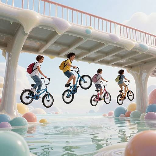 Four children with backpacks riding colorful bicycles beneath a pastel, futuristic bridge over a reflective water surface. Digital art.