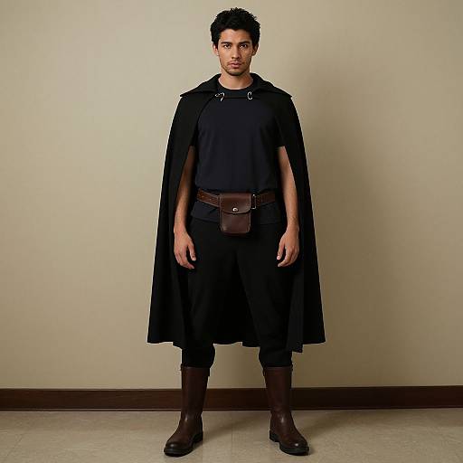 Photograph of a man with short black hair, wearing a black cape, black shirt, brown belt pouch, black pants, and brown boots, standing