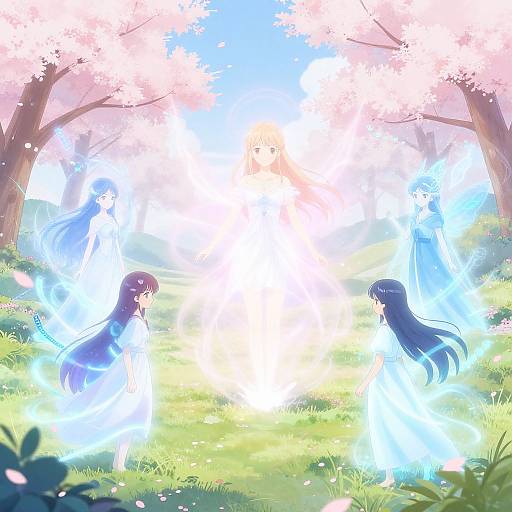 Digital anime-style illustration of two ghostly girls with long black hair, glowing blue ethereal bodies, facing each other in a sunlit forest with pink