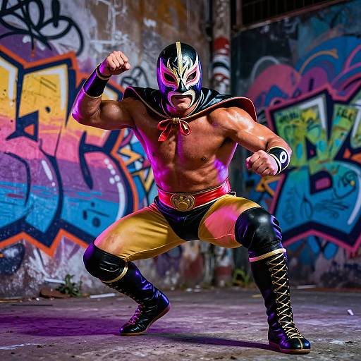 Photograph of a muscular wrestler in vibrant mask, yellow and black trunks, black boots, and cape, striking a powerful pose in a graffiti-covered