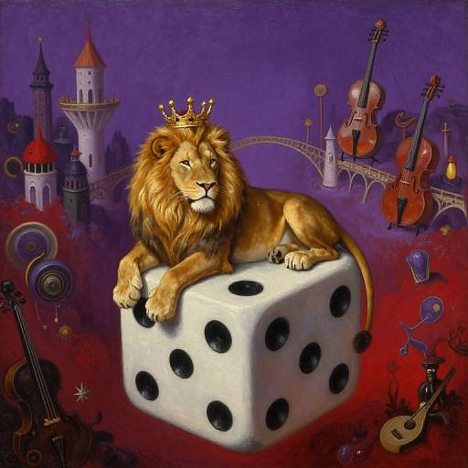 Digital painting of a regal lion with a golden crown, lounging on a large dice, surrounded by musical instruments and fantasy castle towers against a vivid