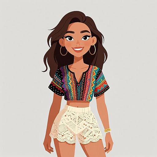 Digital illustration of a smiling, brown-skinned woman with long dark hair, wearing a colorful, patterned top and white lace shorts, large hoop earrings