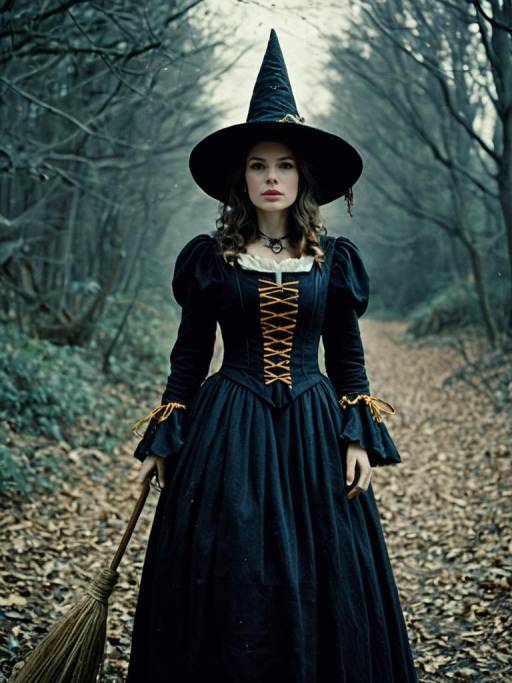 Woman in Elizabethan Witch Costume in Forest