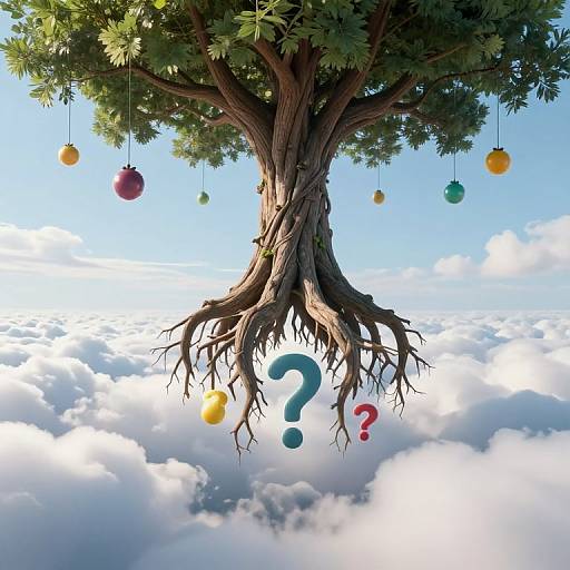 Digital artwork of a tree with hanging colorful orbs and floating question marks above a cloud-covered sky. Bright blue sky, fluffy clouds, and detailed bark texture