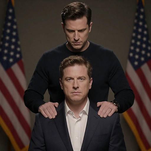 Two men with American flags indoors