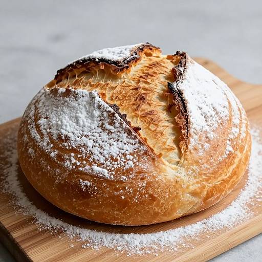 Photograph of a golden-brown, crusty round loaf of bread, partially sliced, with flour dusted on top, sitting on a wooden board