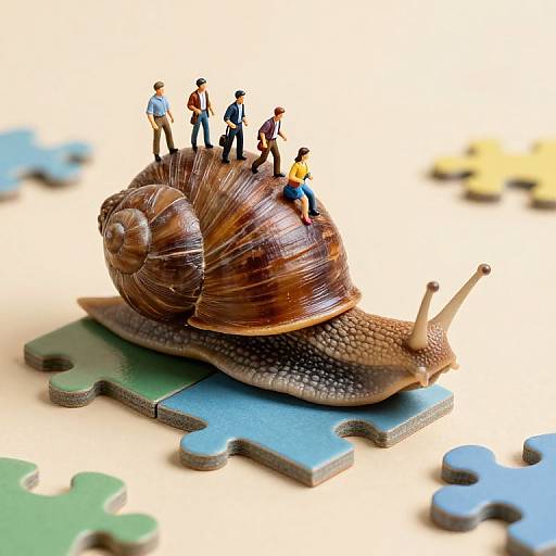 Photograph of a detailed snail figurine with brown shell, carrying tiny, diverse, dressed figurines on its back, set on puzzle pieces against