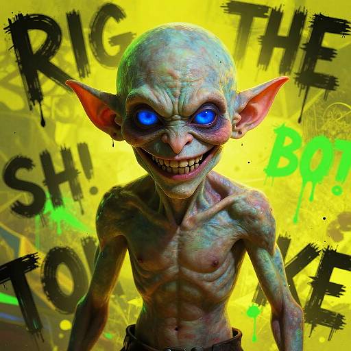 Digital CGI image of a grinning, blue-eyed, green-skinned, topless goblin with large ears, muscular physique, and sharp teeth,