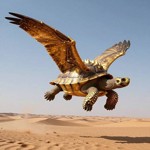CGI image of a golden, winged turtle soaring over a desert with sandy dunes, under a clear blue sky.