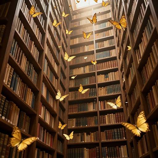 Photograph of a towering library with rows of wooden bookshelves filled with books, illuminated by sunlight. Bright orange butterflies fly among the shelves, creating