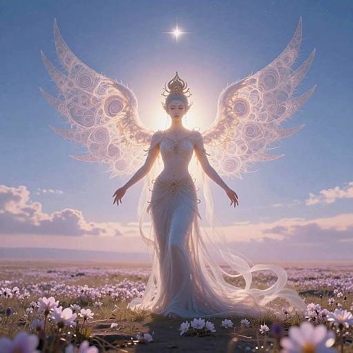 Digital artwork of a celestial angel with intricate, glowing wings, wearing a flowing, ethereal white gown, standing in a field of pink flowers under a