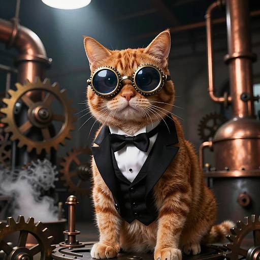 Steampunk orange tabby cat wearing black tuxedo and round goggles, standing on brass gears, with copper pipes and industrial background.