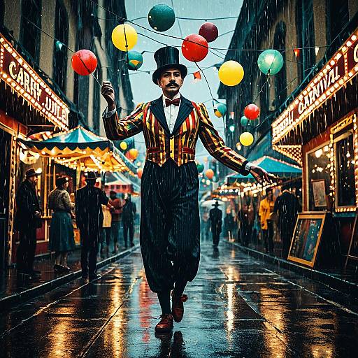 Vintage Carnival Juggler in Rainy Street