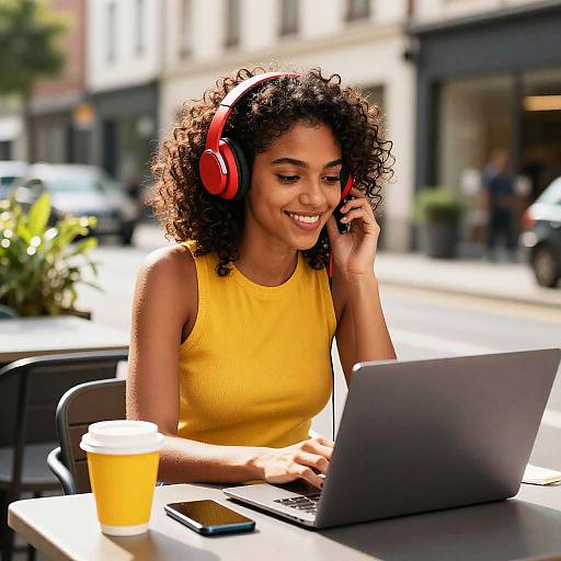 Smiling Woman Working Outdoors with Laptop