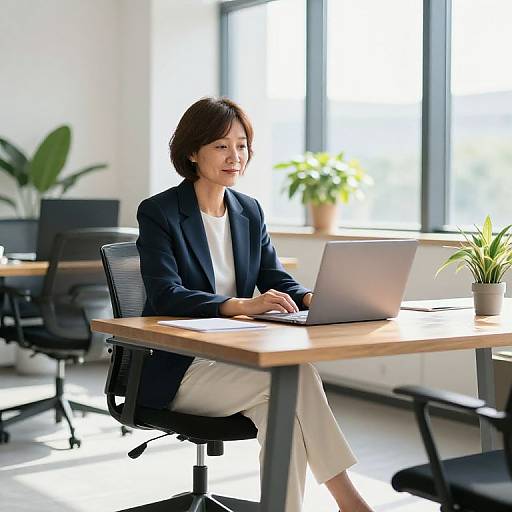 Photograph of a smiling Asian woman in a navy blazer and white pants, seated at a wooden desk with a laptop, in a bright office with