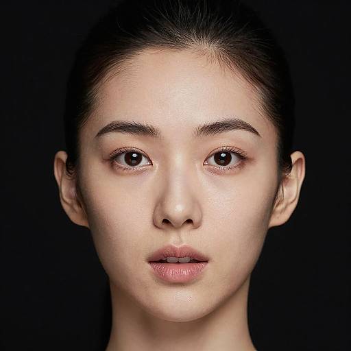 Close-up photograph of a young Asian woman with fair skin, dark hair pulled back, large brown eyes, and natural makeup, against a black background.