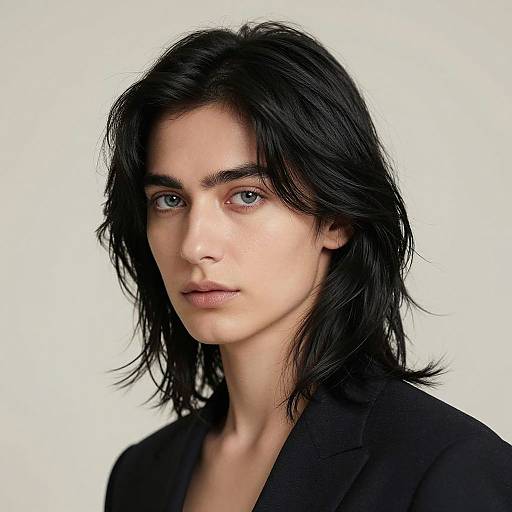 Photograph of a young woman with pale skin, blue eyes, and shoulder-length black hair, wearing a black blazer, against a white background.