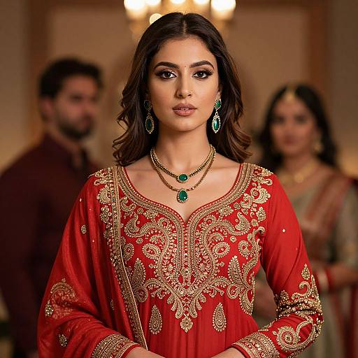 Elegant Woman in Red Paisley Dress