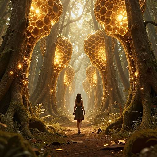 Fantasy forest scene: young girl in dress stands before towering trees with glowing, honeycomb-like structures; sunlight filters through, illuminating the path and