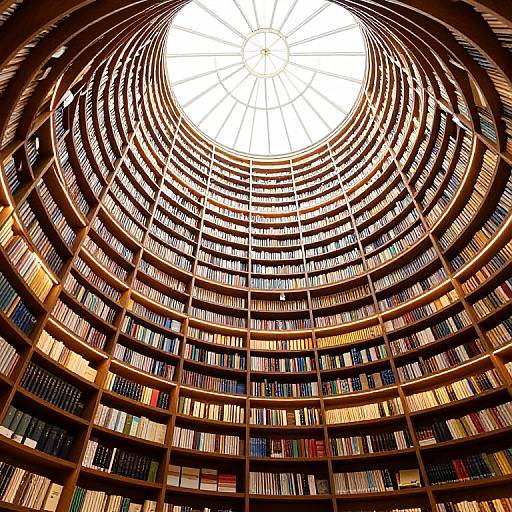 Photograph of a grand, circular library with spiral wooden bookshelves filled with colorful books, viewed from below, centered on a large, sunlit