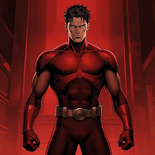 Muscular, dark-haired man in red, form-fitting suit with belt, standing confidently in red-lit, industrial background, fists clenched,
