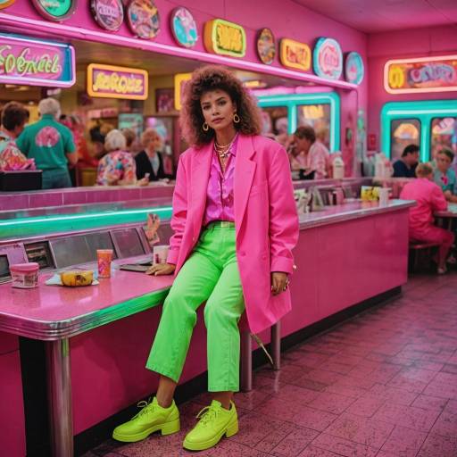 Woman in Neon 80s Outfit at Retro Diner