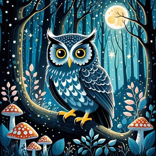 Whimsical Owl in Enchanted Moonlit Forest