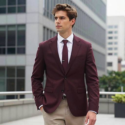 Photograph of a handsome young man with light skin, brown hair, and blue eyes, wearing a dark burgundy suit, white shirt, and mar