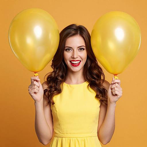 Photograph of a smiling woman with long brown hair, wearing a yellow dress, holding two yellow balloons against a bright orange background.