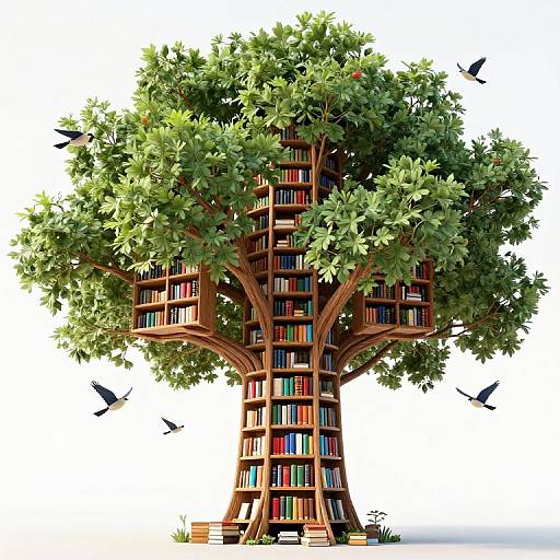 Digital illustration of a lush green tree with wooden bookshelves integrated into its trunk and branches, surrounded by flying black birds.