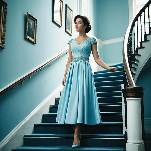Woman in Elegant Light Blue Dress