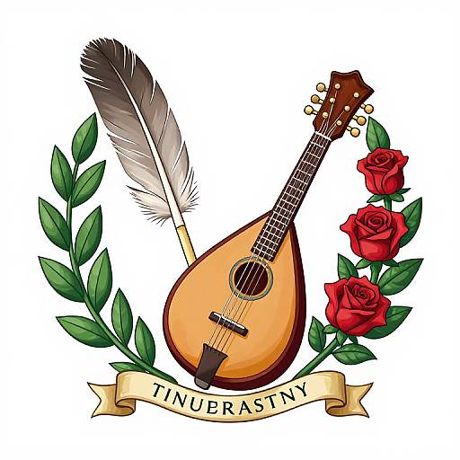 Digital illustration of a tan ukulele with a black feather, surrounded by green leaves, red roses, and a yellow banner with 
