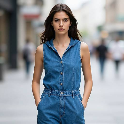 Photograph of a serious young woman with long dark hair, wearing a sleeveless blue denim jumpsuit, standing in a blurred urban street.