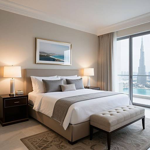 Modern hotel room photograph featuring a queen-sized bed with white and gray linens, two bedside lamps, a tufted bench, and a large window