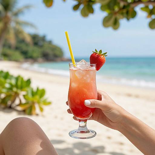 Photograph of a hand holding a red cocktail with a straw and strawberry garnish, against a sunny beach and ocean background.