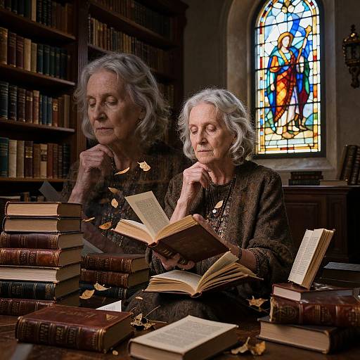 Photograph of two elderly women with gray hair, wearing dark brown cardigans, reading books in a library with stained glass window.
