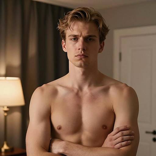 Serious Shirtless Man in Dim Room